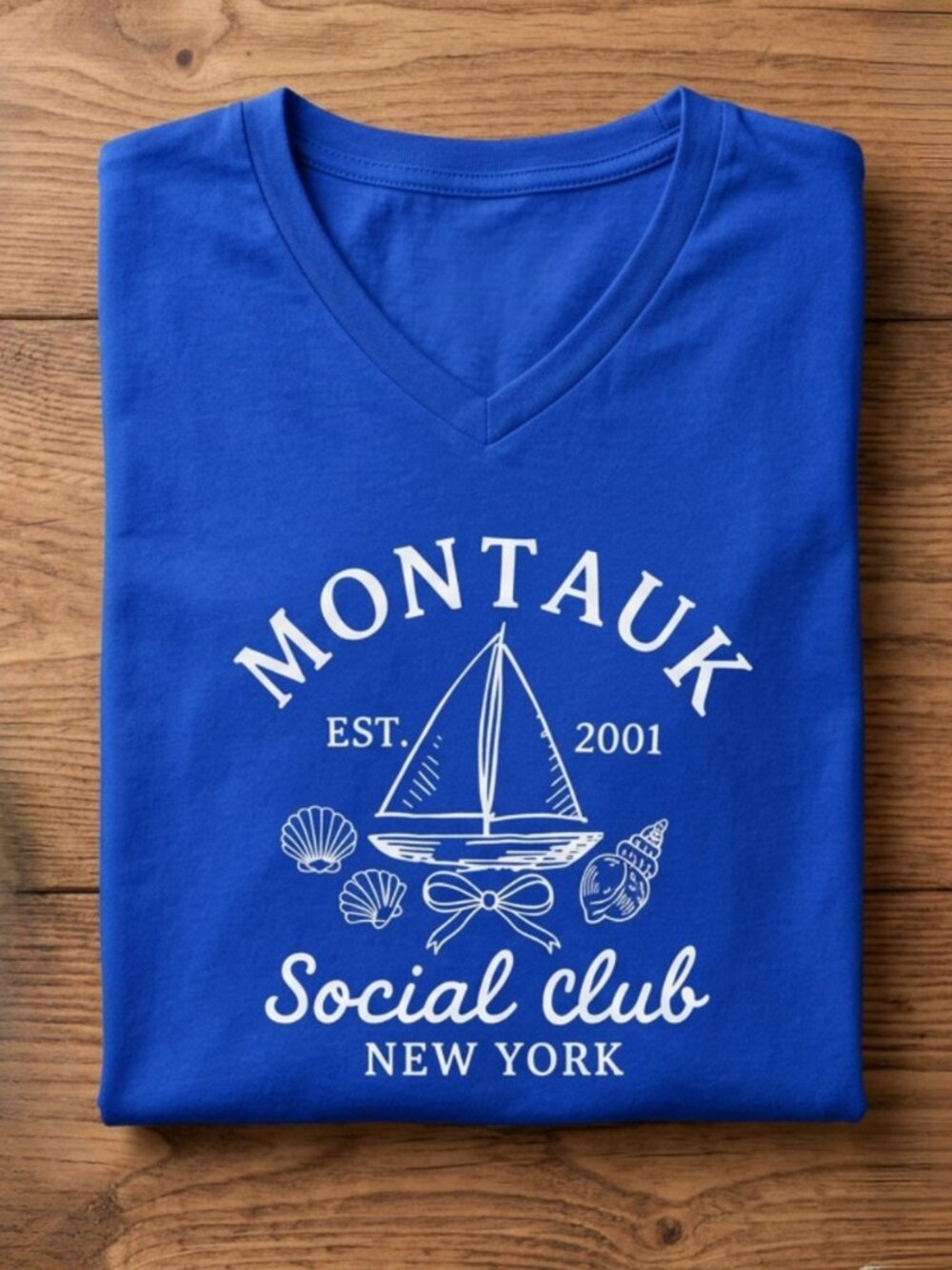 Studio 33 Women’s Montauk Social Club Sailboat V-Neck Short Sleeve Blue Tee S-XL